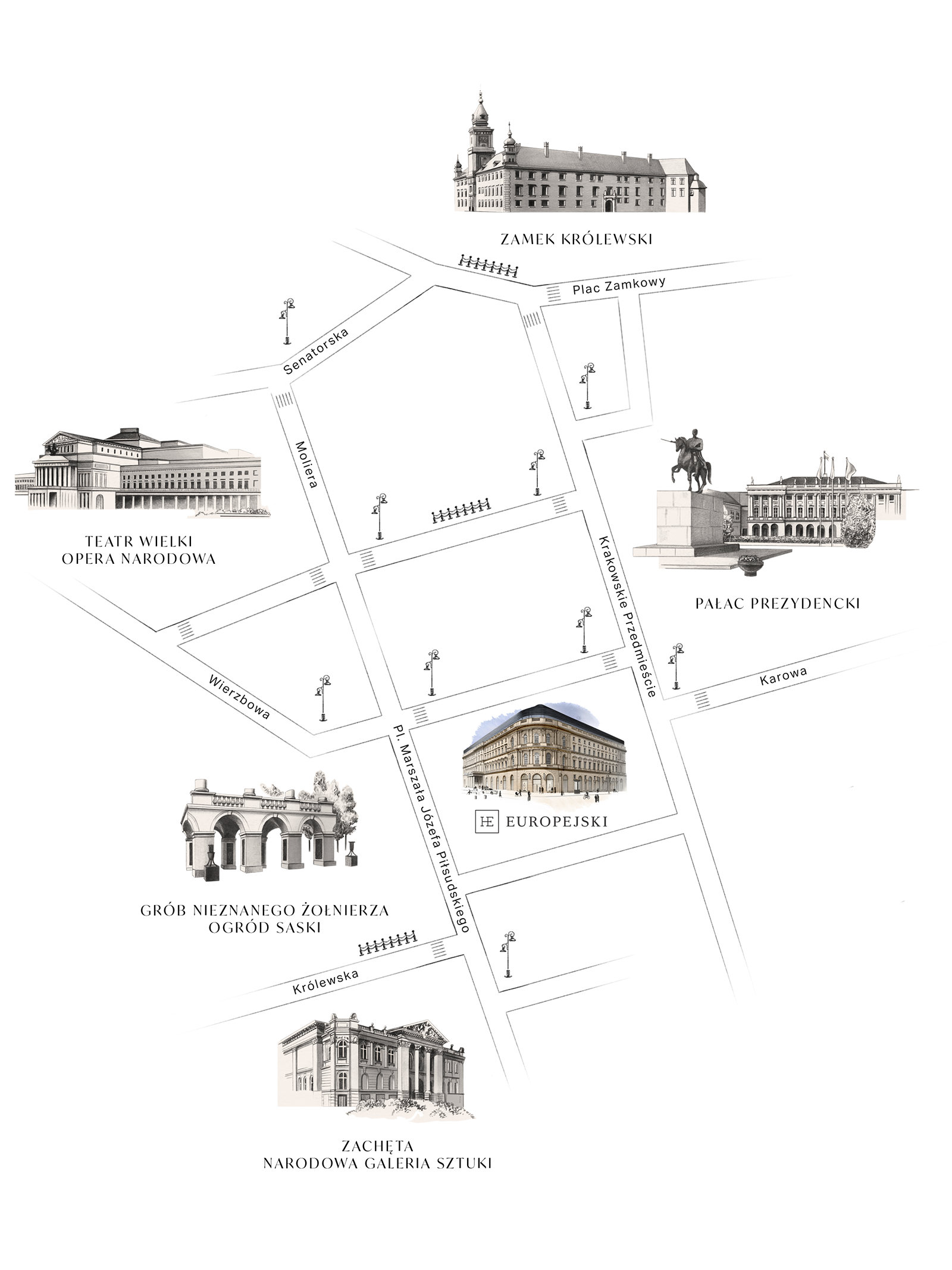 Europejski Warsaw Raffles Map Watercolor